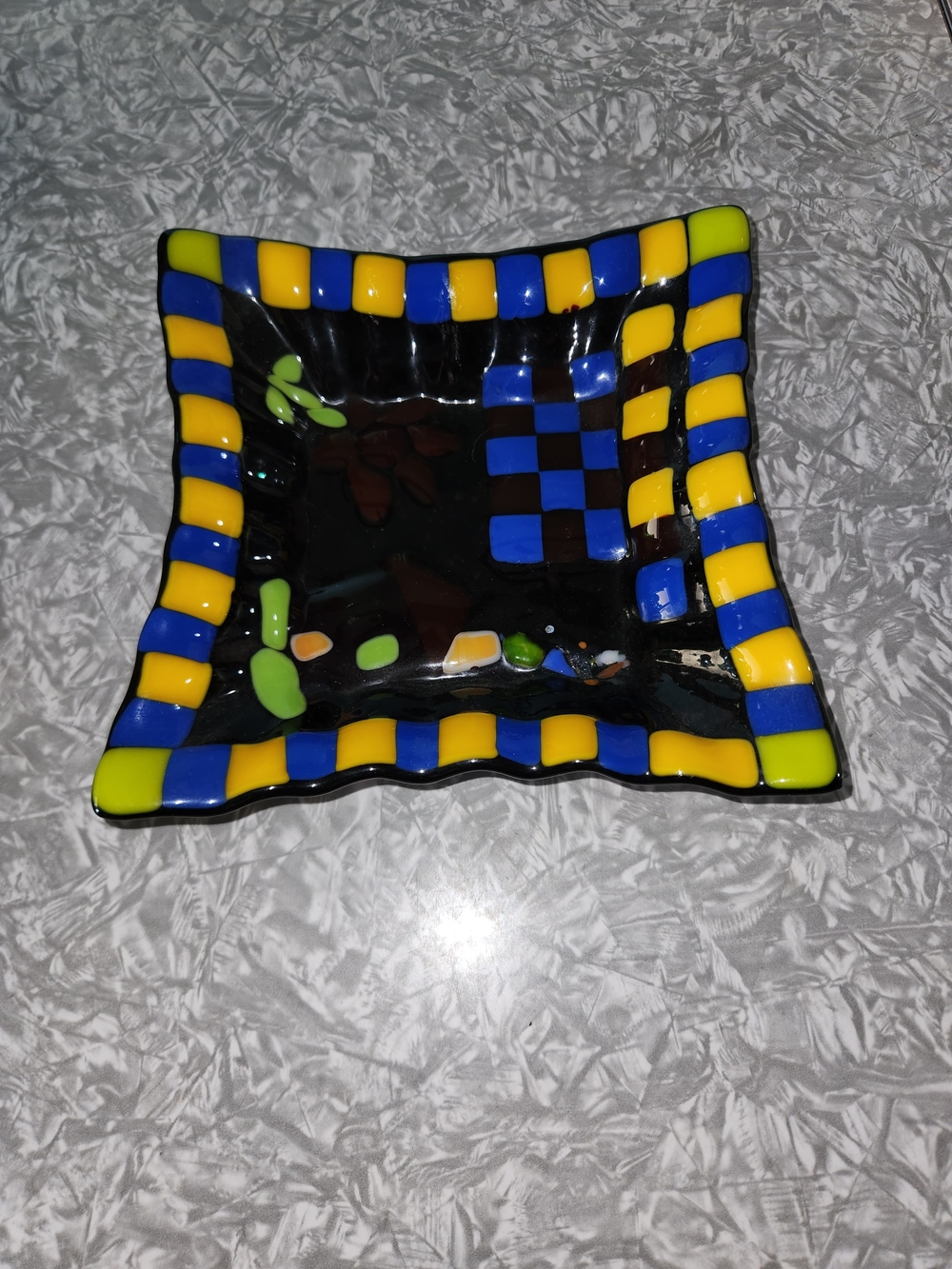 Handmade Fused Glass Decorative Tray - Black with Blue and Yellow Check Border